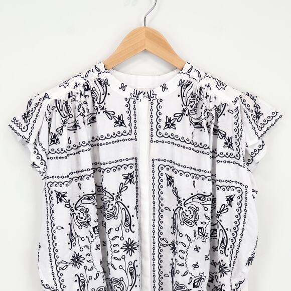 NWT Madewell Embroidered Poplin Shirred Button-Up Shirt White Dark Navy Medium - Picture 5 of 10